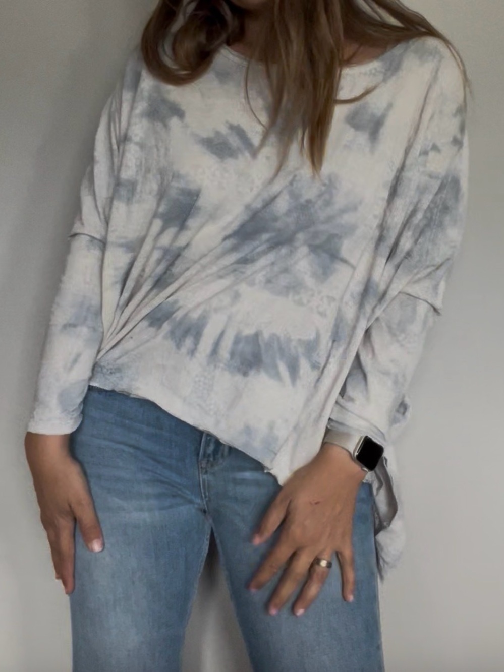 We The Free White & Light Gray Tie-Dye Scoop Neck Pullover